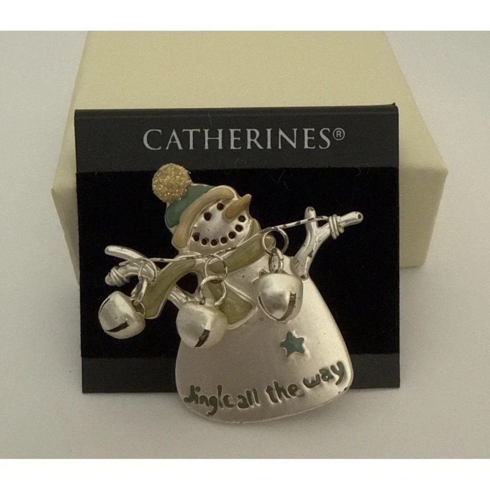 Catherines Snowman Jingle All The Way Pin Brooch Silver Tone Holiday Christmas